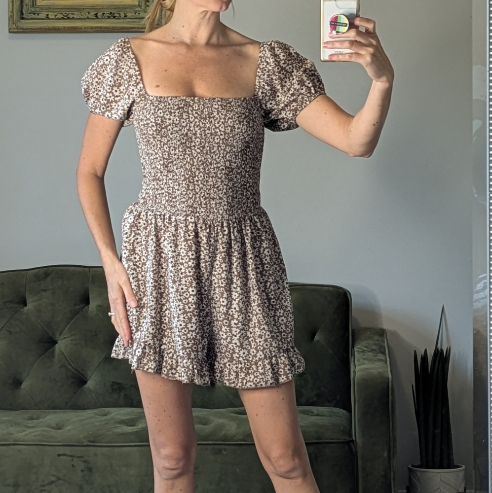Romper Fall Floral Ruched Puff Sleeves Prairie Cottage Core Ruffle Sexy Size S